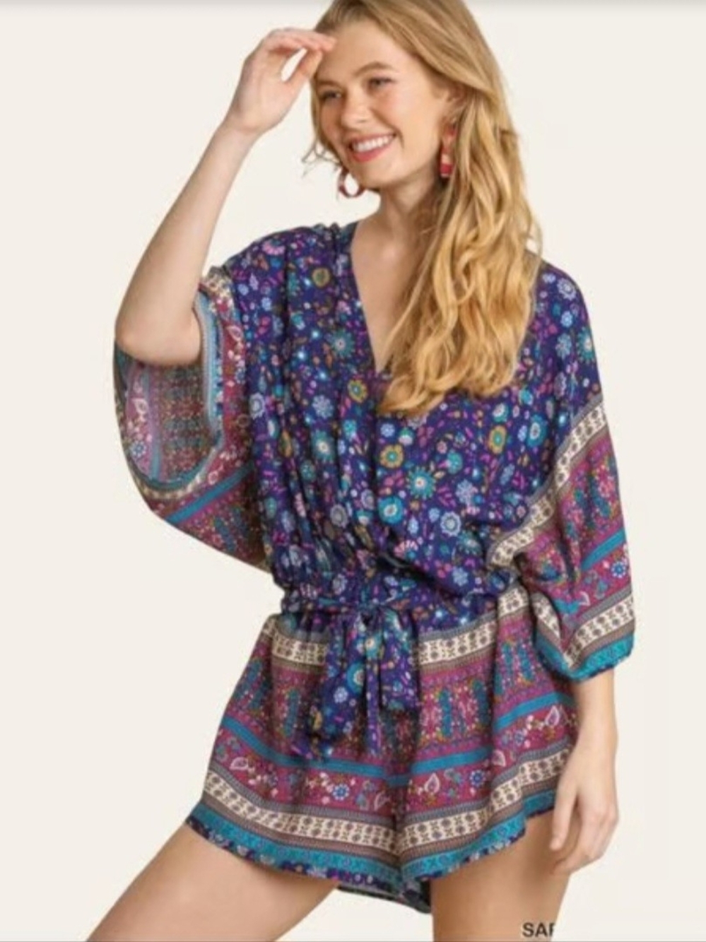O Umgee Boho Purple Floral V-Neck Tunic Romper with Tie Waist Medium
